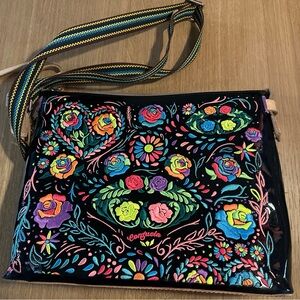 Consuela Black Multi Floral Embroidered Crossbody with Striped Strap